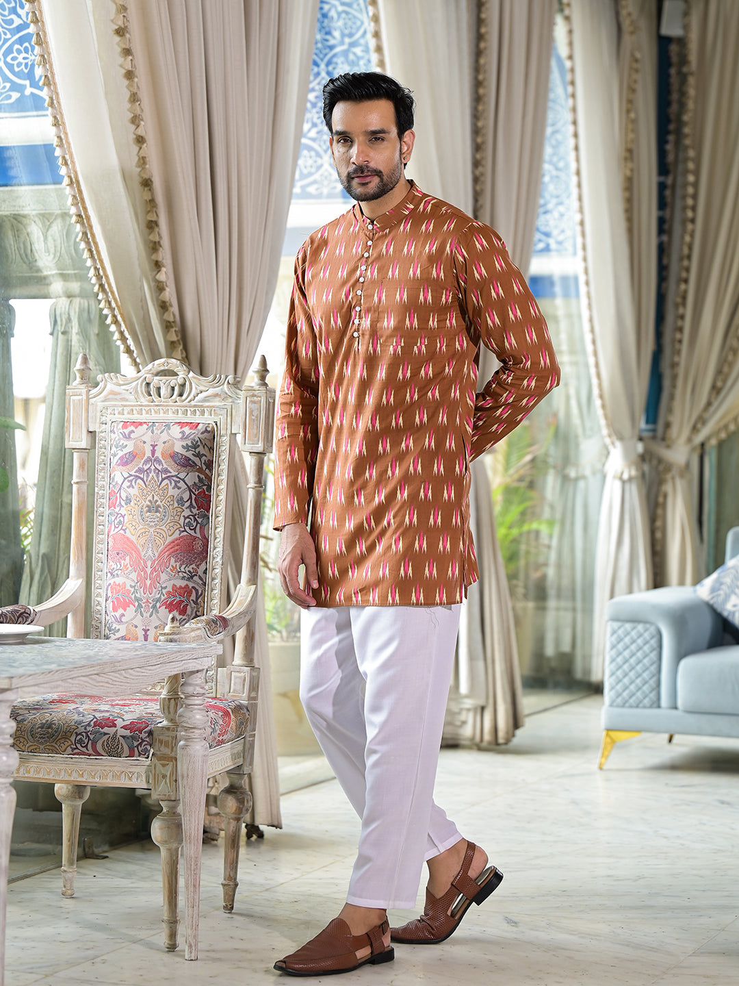 Brown Ikat Print Long Kurta - Elganza