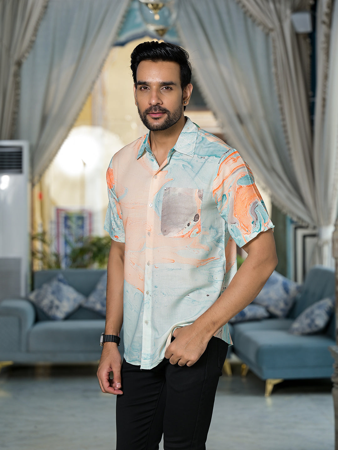 Multicolor Marble Print Shirt - Elganza