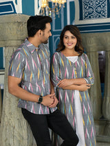Grey & Off White Ikat Printed Couple Combo Set - Elganza