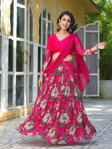 Magenta Floral Print Chinnon Lehenga Choli - Elganza