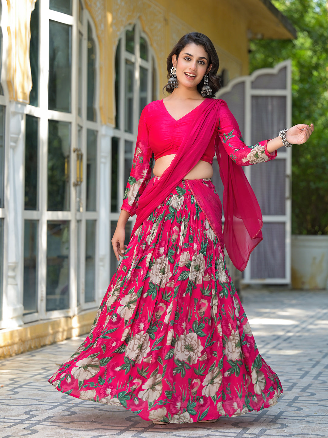Magenta Floral Print Chinnon Lehenga Choli - Elganza