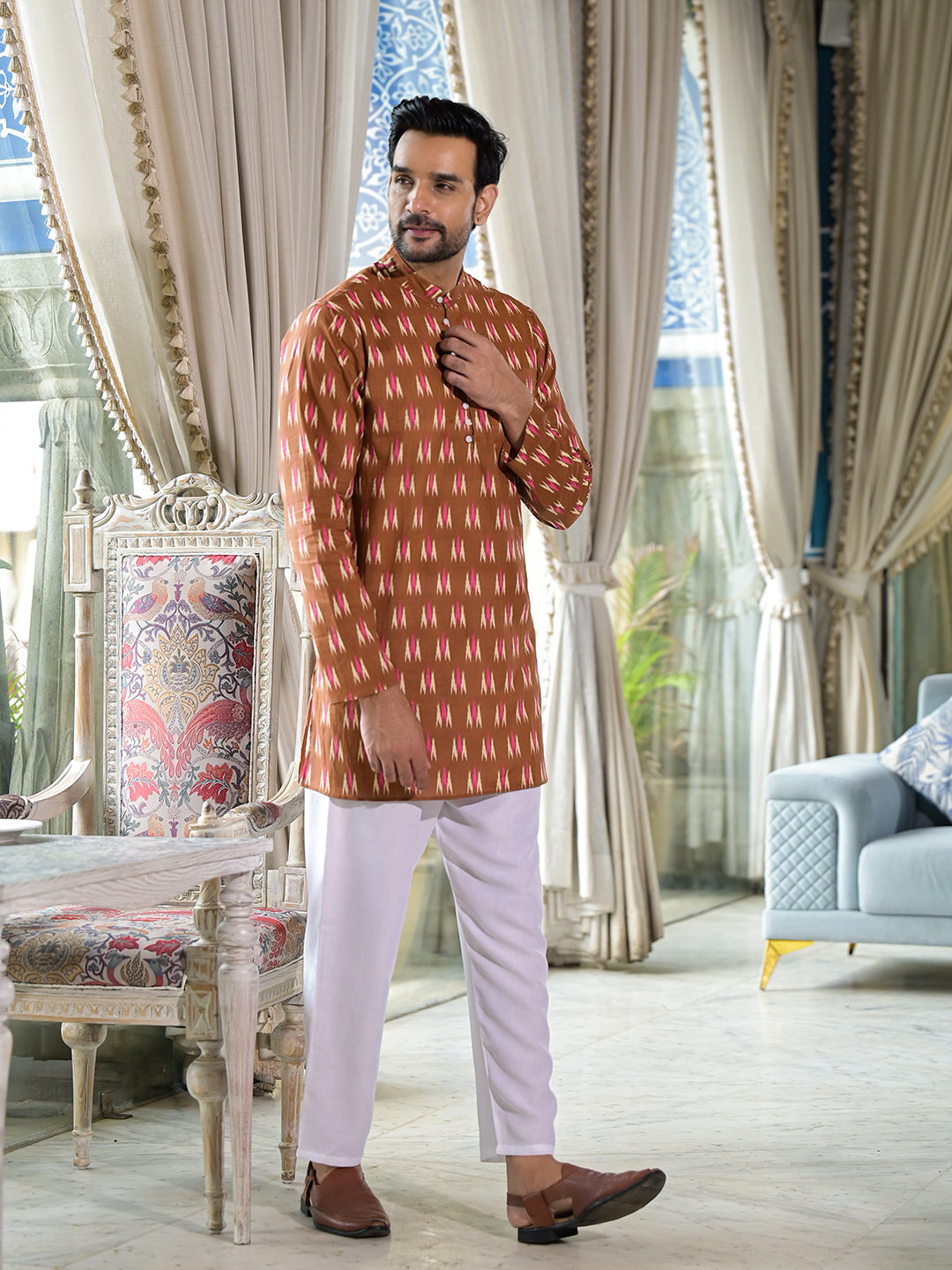 Brown Ikat Print Long Kurta - Elganza