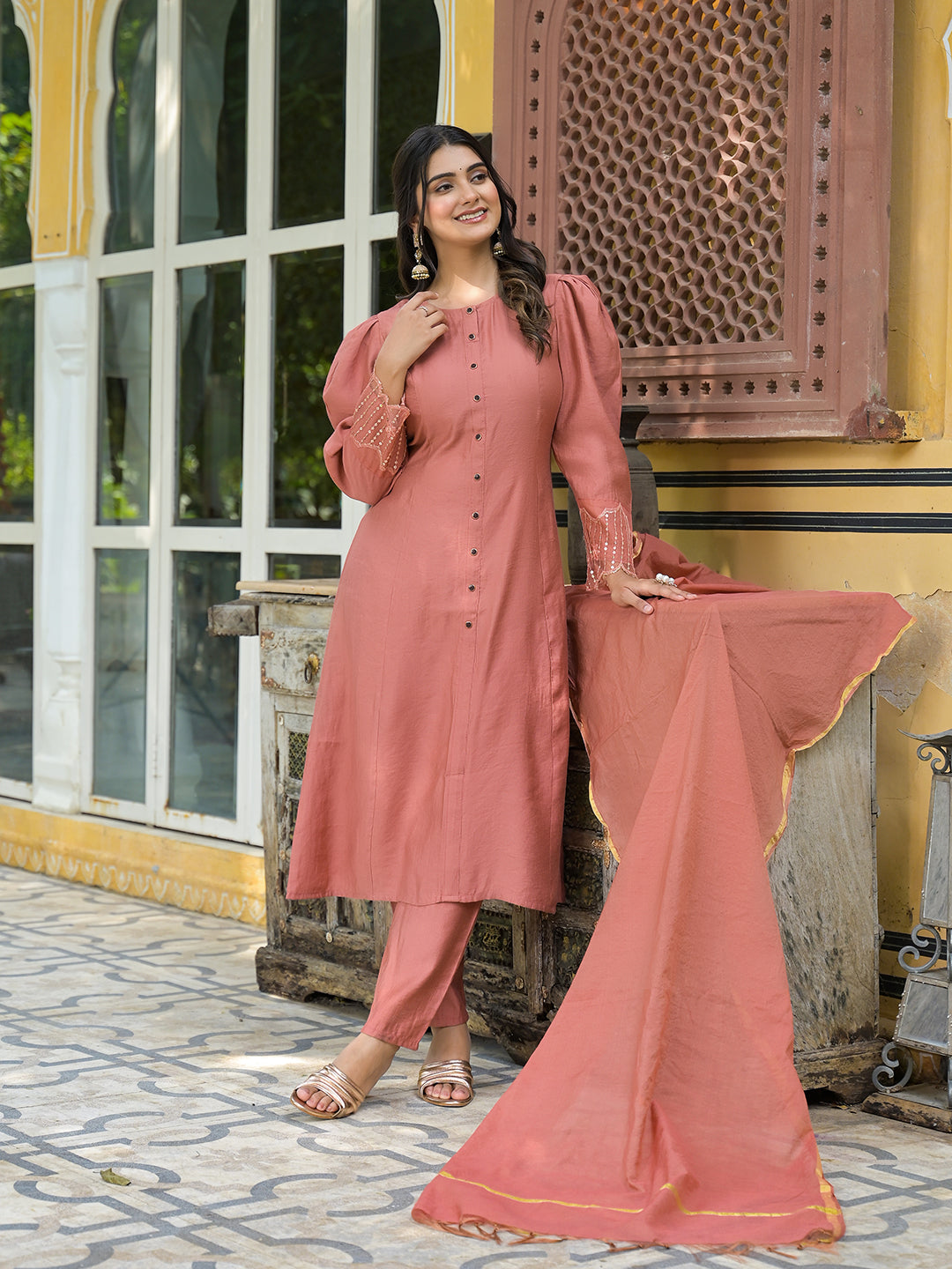 Brick Red A-Line Kurta Set With Dupatta - Elganza