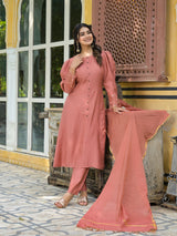 Brick Red A-Line Kurta Set With Dupatta - Elganza