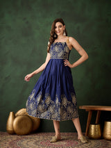Navy Blue Embroidered Flared Maxi Dress - Elganza