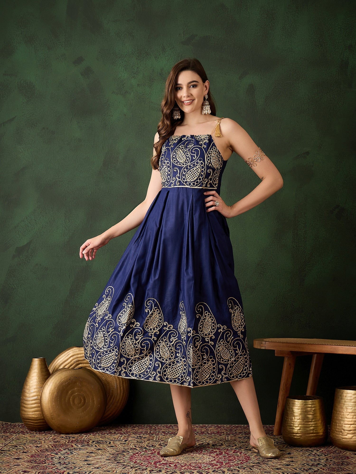 Navy Blue Embroidered Flared Maxi Dress - Elganza