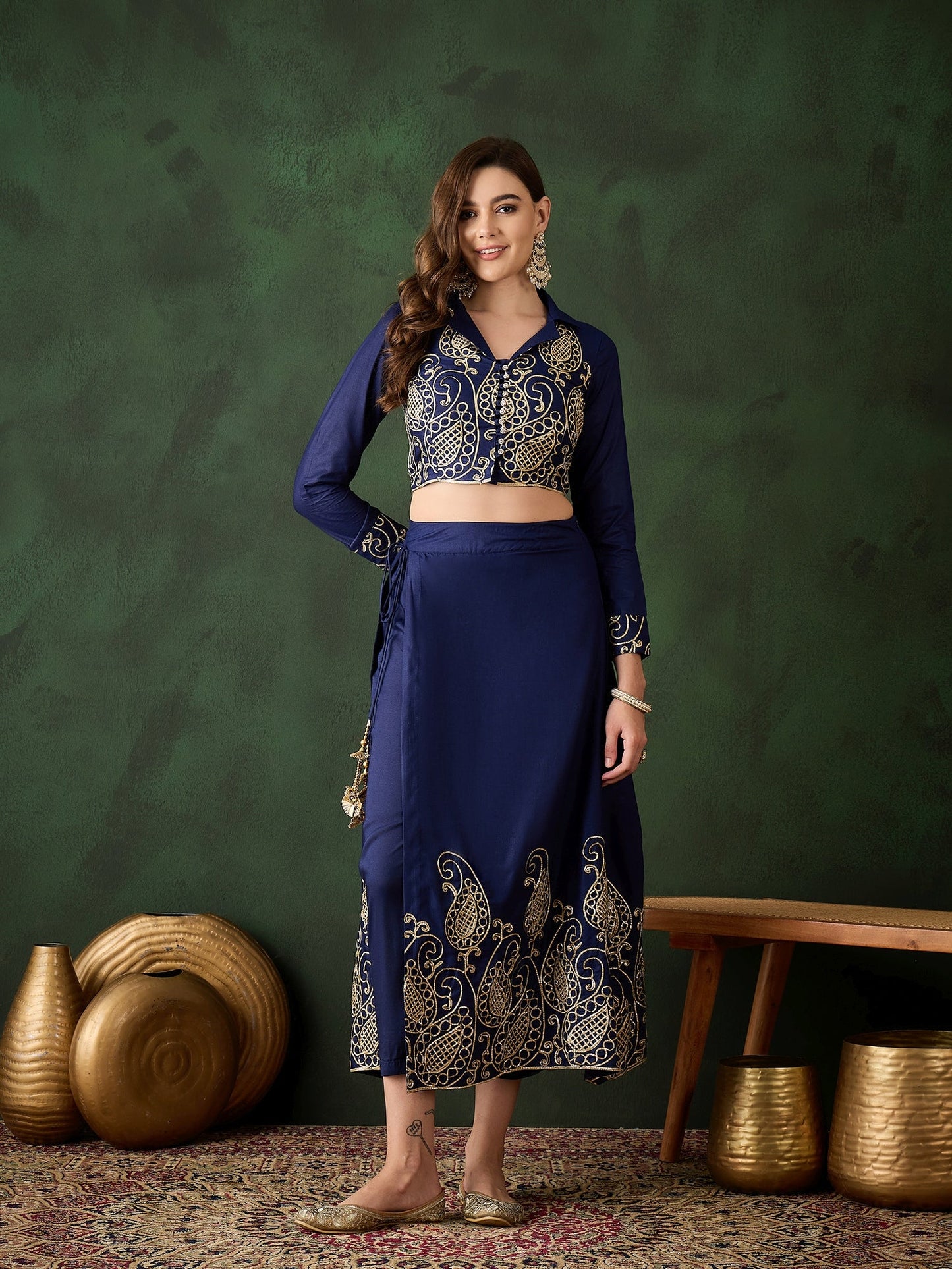 Navy Blue Embroidered Lehenga Choli Set - Elganza