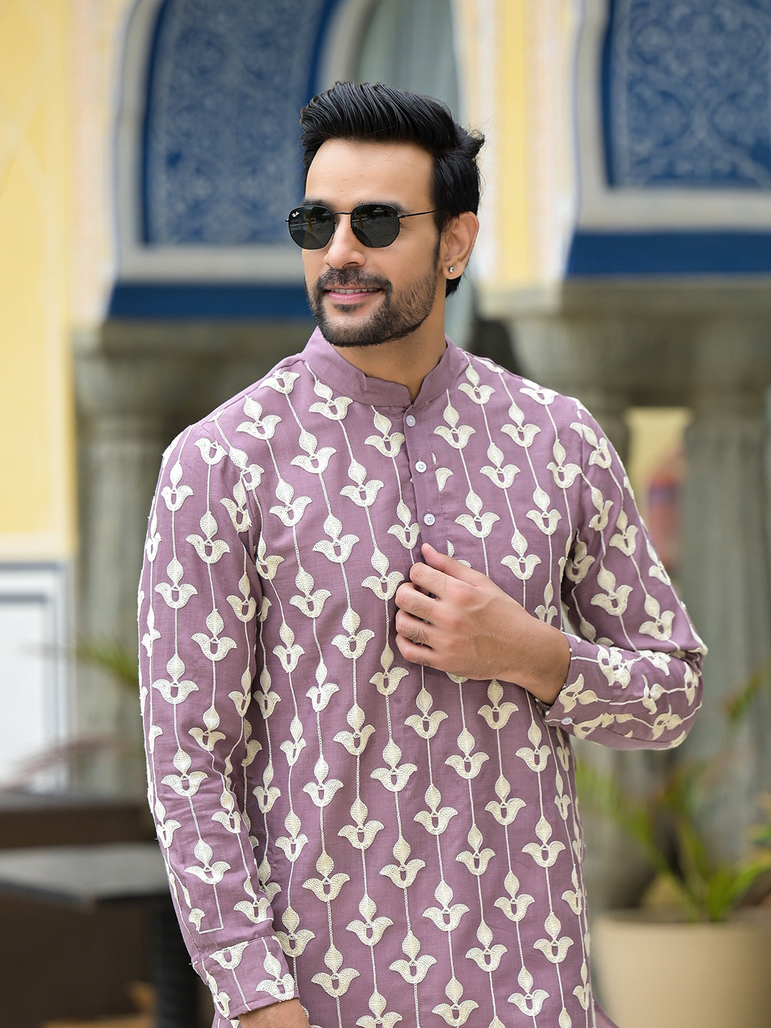 Mauve Embroidered Long Kurta - Elganza