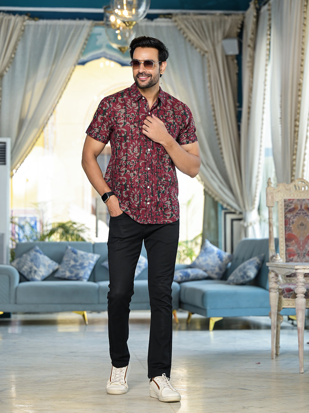 Maroon floral print Couple Combo Set - Elganza