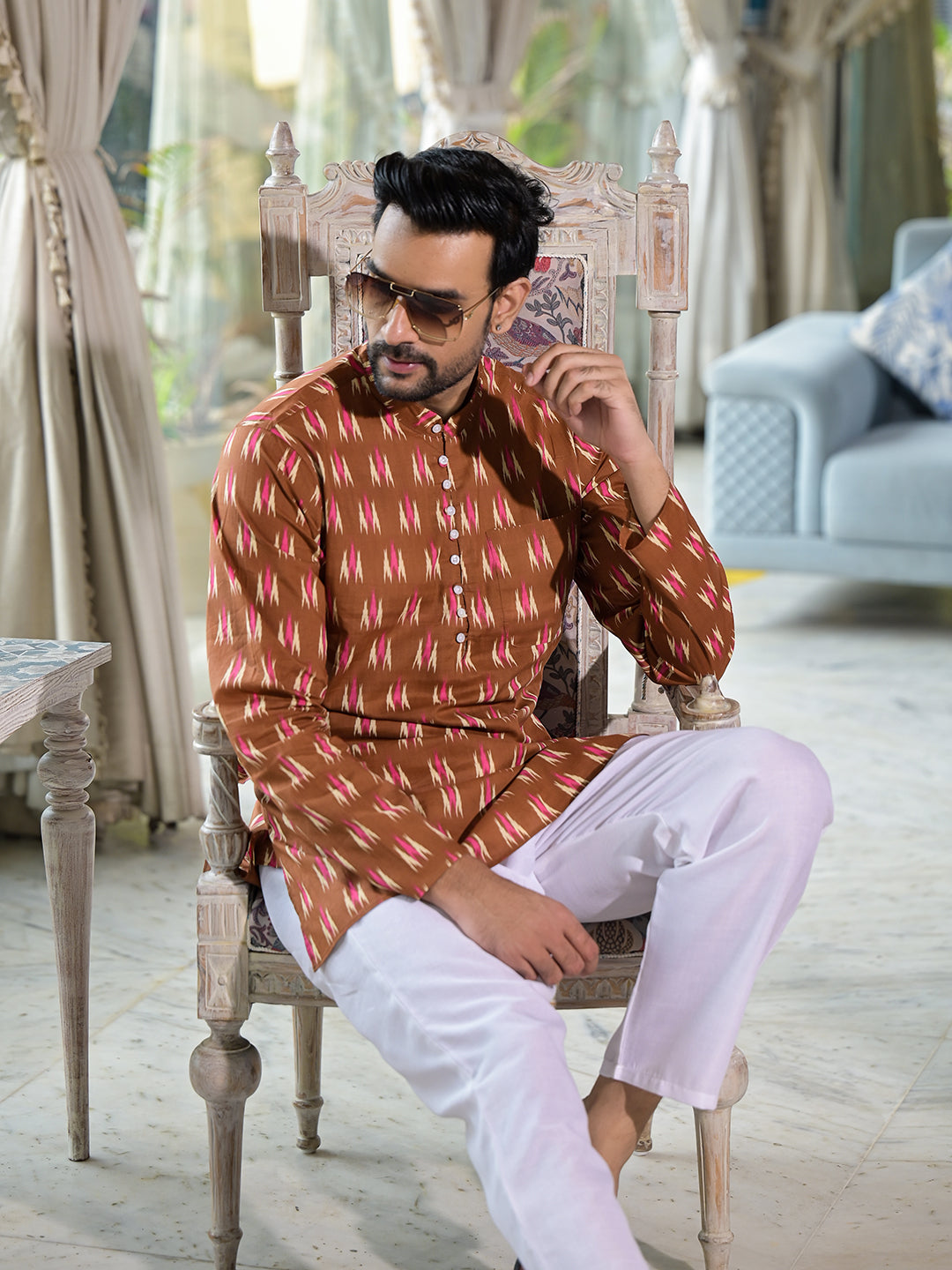 Brown Ikat Print Long Kurta - Elganza