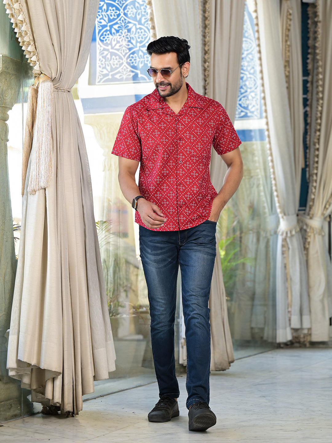 Red Bandhani Printed Shirt - Elganza