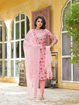 Blush Pink Floral Kurta Set With Dupatta - Elganza