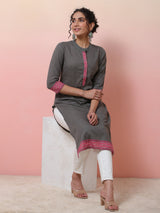 Grey Kurta With Border Details - Elganza
