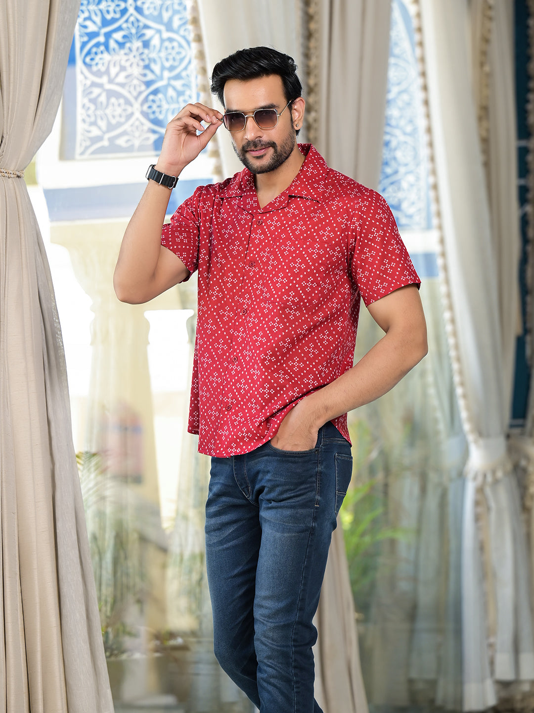 Red Bandhani Printed Shirt - Elganza