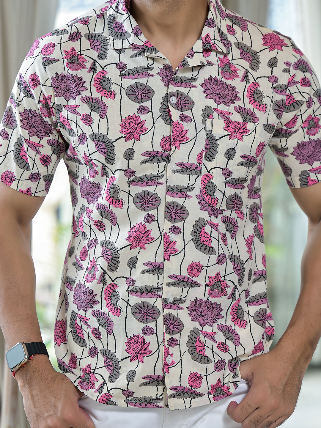Cream Lotus print shirt - Elganza