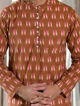 Brown Ikat Print Long Kurta - Elganza