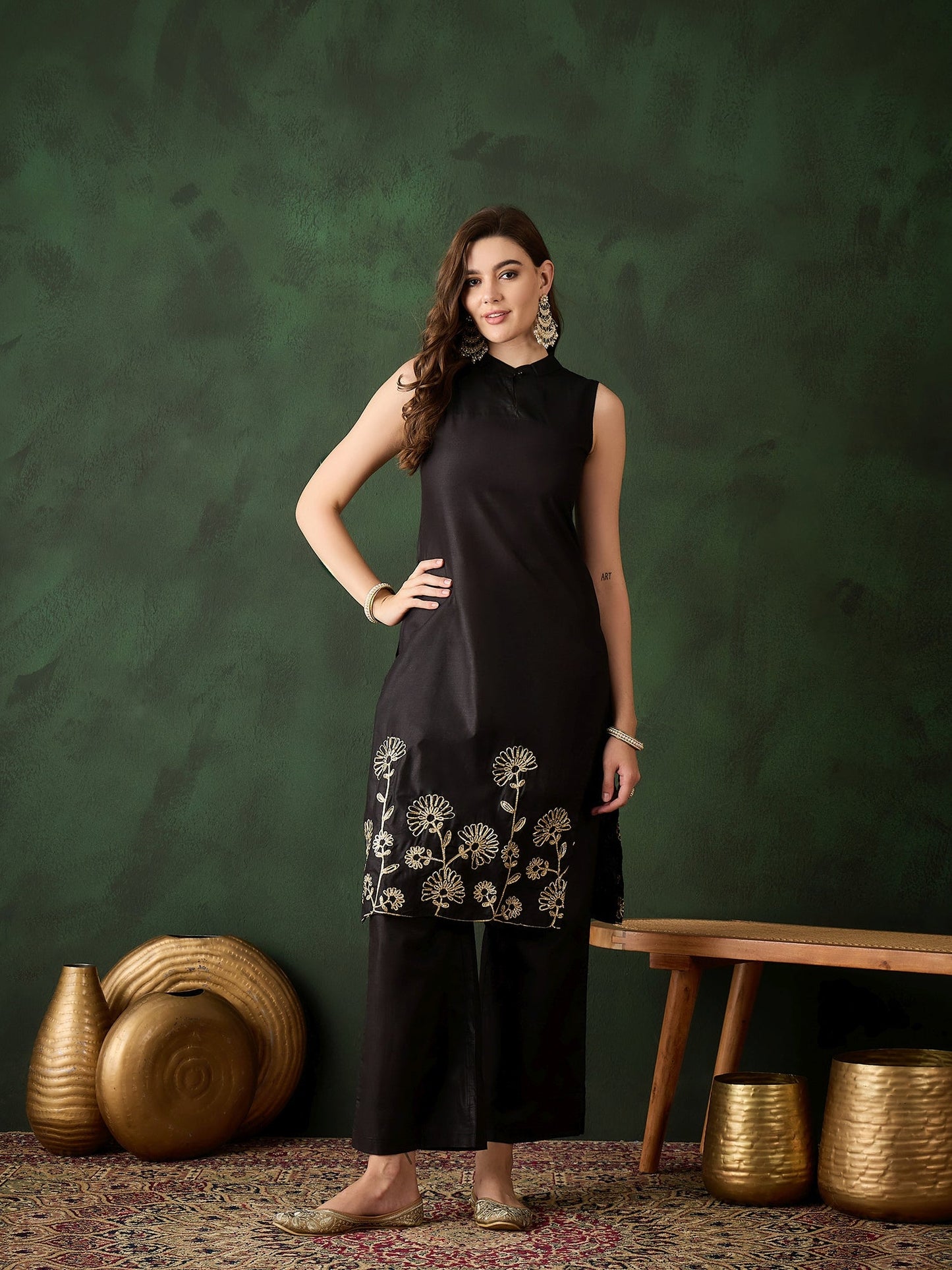 Black Embroidered Kurta With Palazzo - Elganza