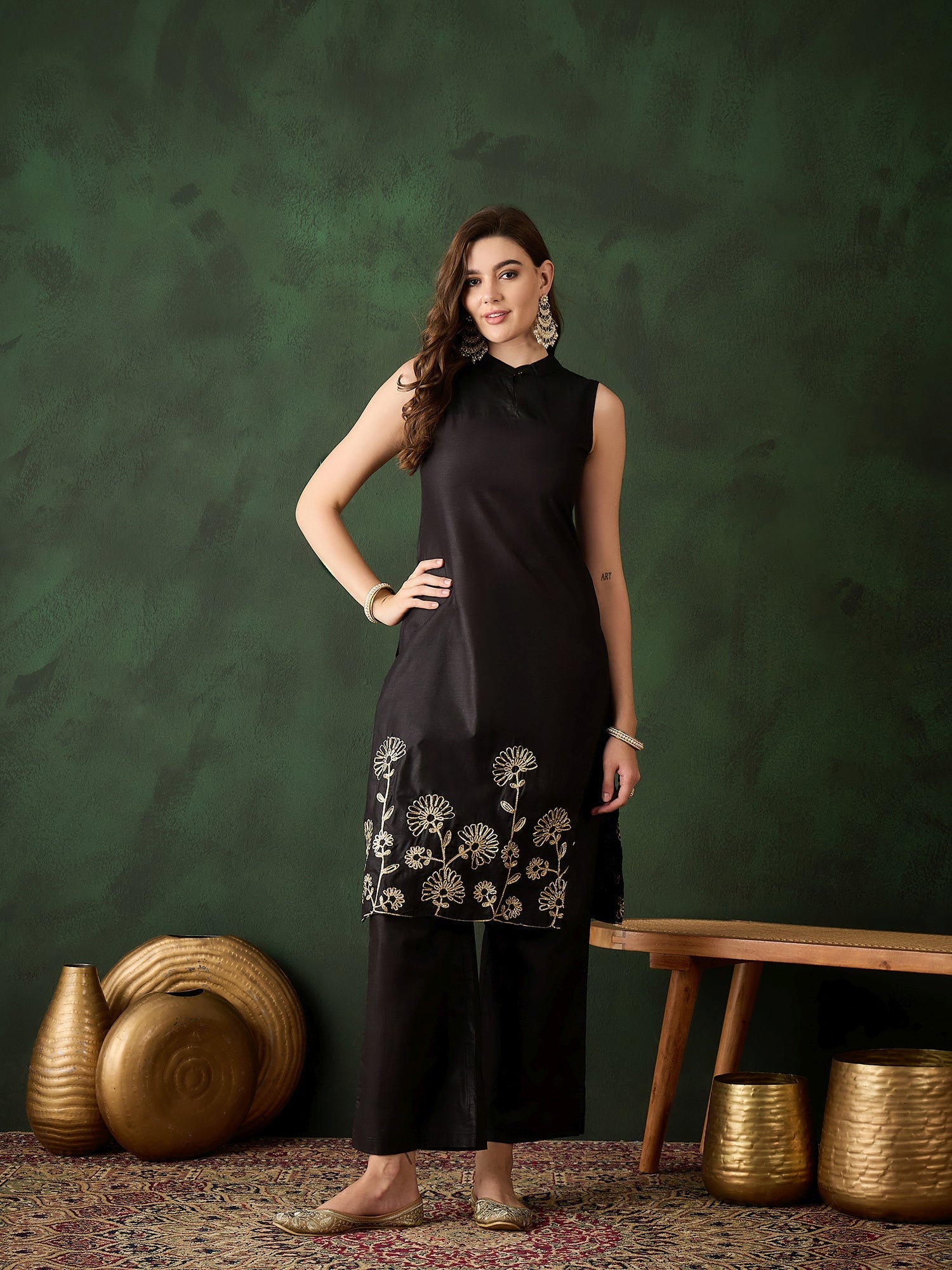Black Embroidered Kurta With Palazzo - Elganza