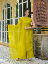 Mustard Sleevessless Kurta Sharara With Organza Sequinned Dupatta - Elganza