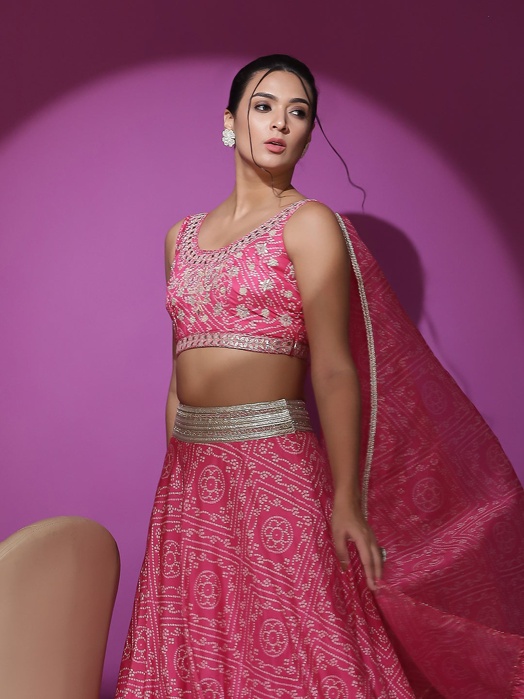 Pink Embroidered Bandhani Print Lehenga Choli With Dupatta - Elganza