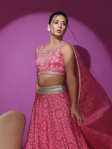 Pink Embroidered Bandhani Print Lehenga Choli With Dupatta - Elganza