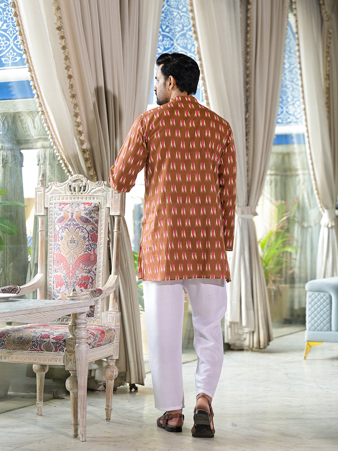Brown Ikat Print Long Kurta - Elganza