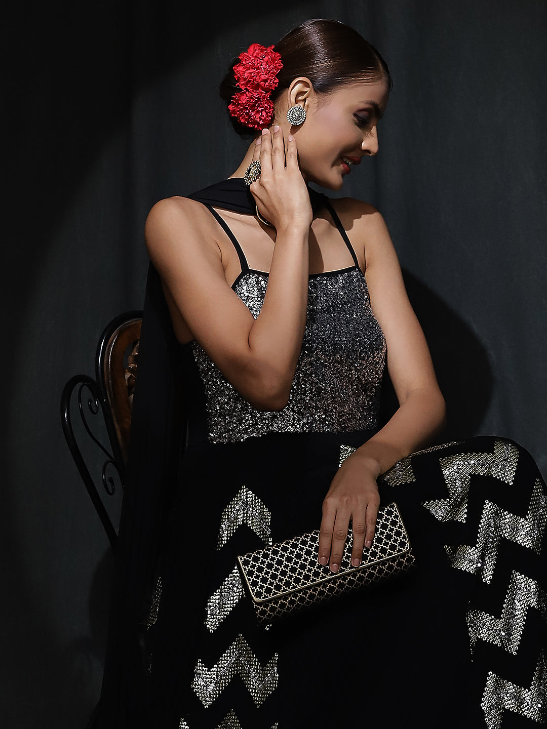Black Sequin Pleated Maxi Dress - Elganza