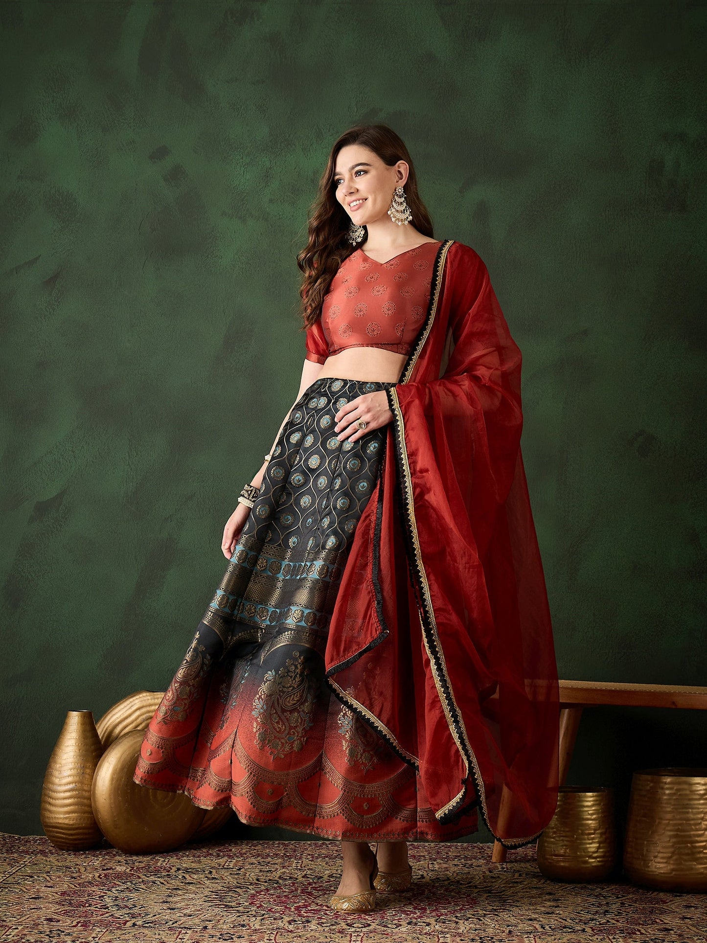 Maroon Brocade Lehenga Choli With Dupatta - Elganza
