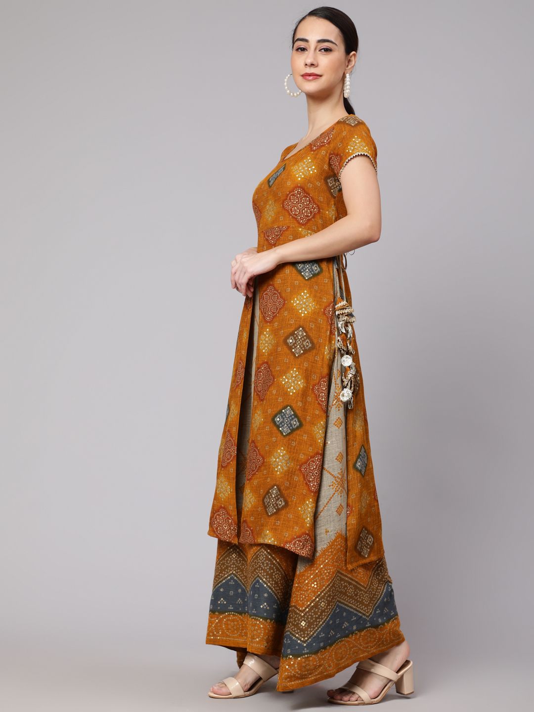 Mustard Bandhani Print Layered Maxi Dress - Elganza