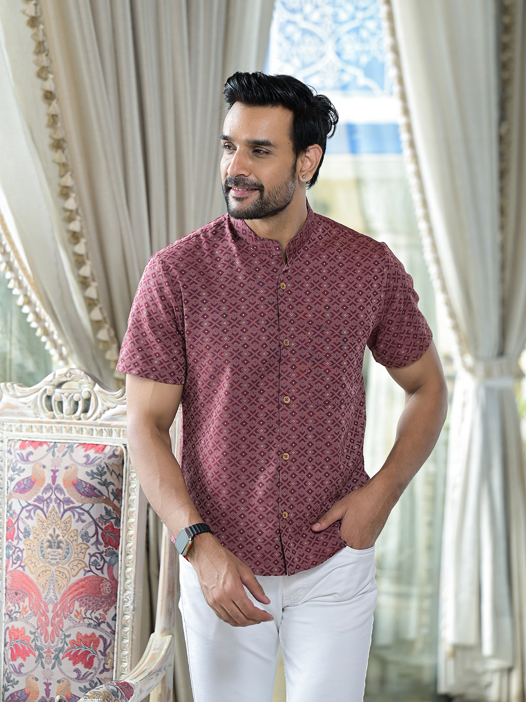 Maroon Woven Mandarin Collar Shirt - Elganza