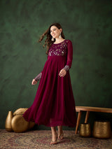 Burgundy Sequence Work Flared Maxi Dress - Elganza