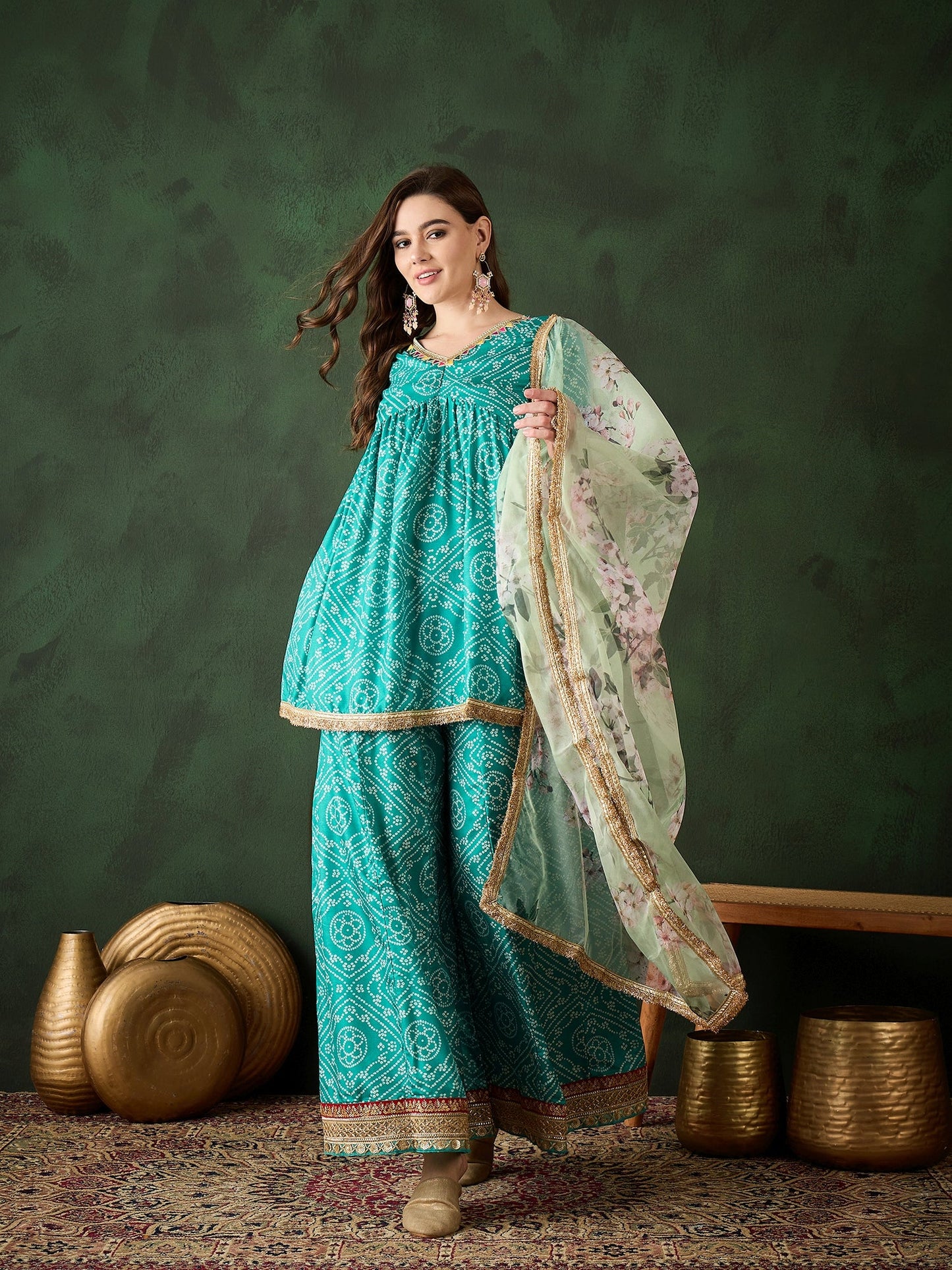 Green Bandhani Print Kurta Sharara With Dupatta - Elganza