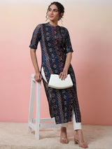 Navy Blue Gold Printed Button Down Kurta - Elganza