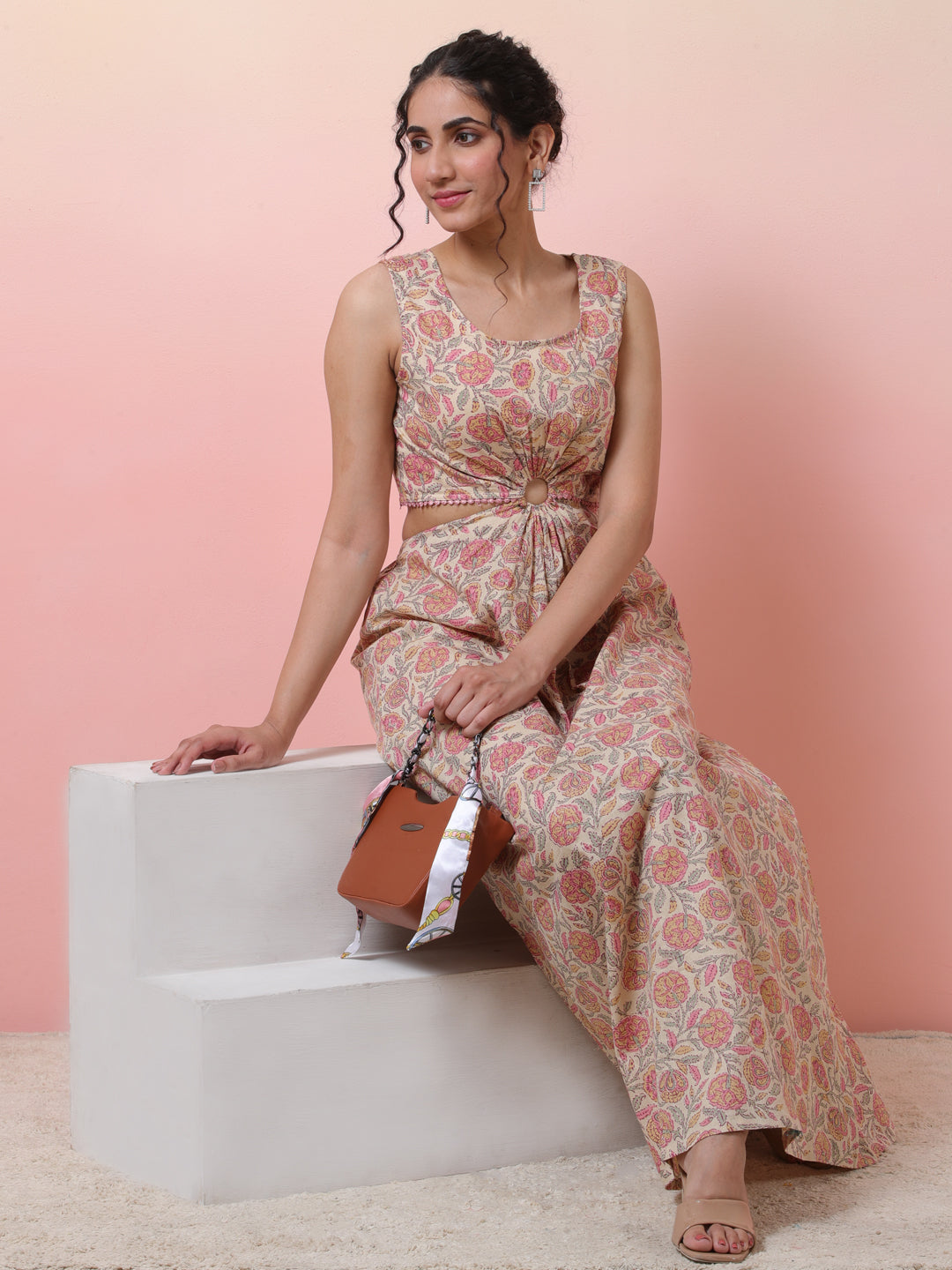 Cream Floral Print Cut-out Dress - Elganza