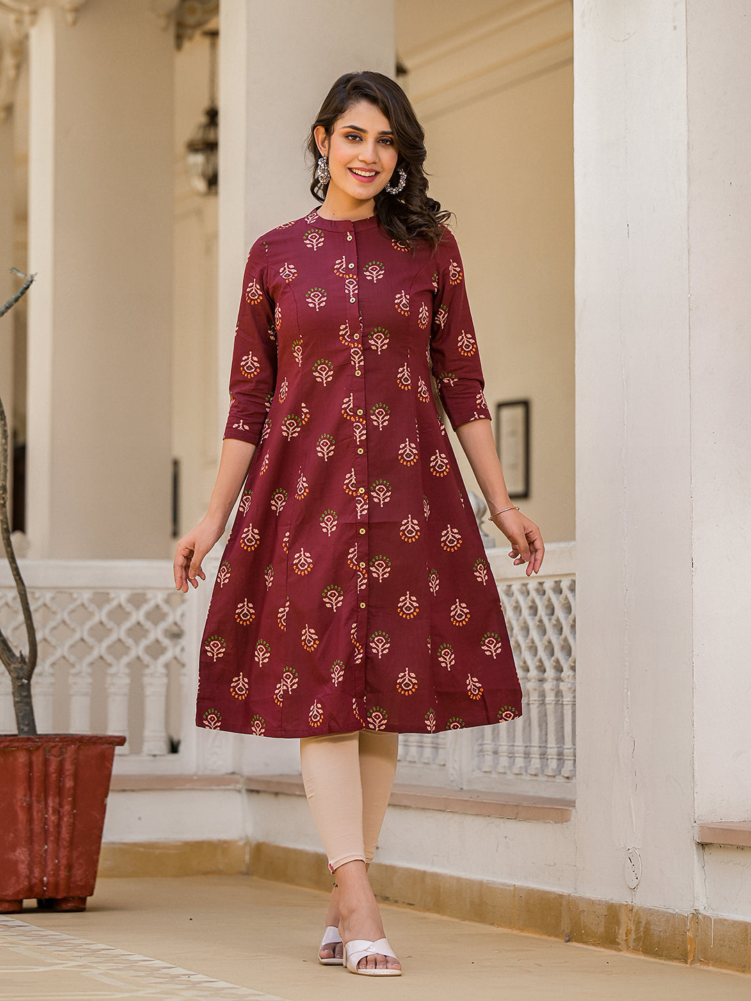 Maroon Button Down A-Line Kurta - Elganza