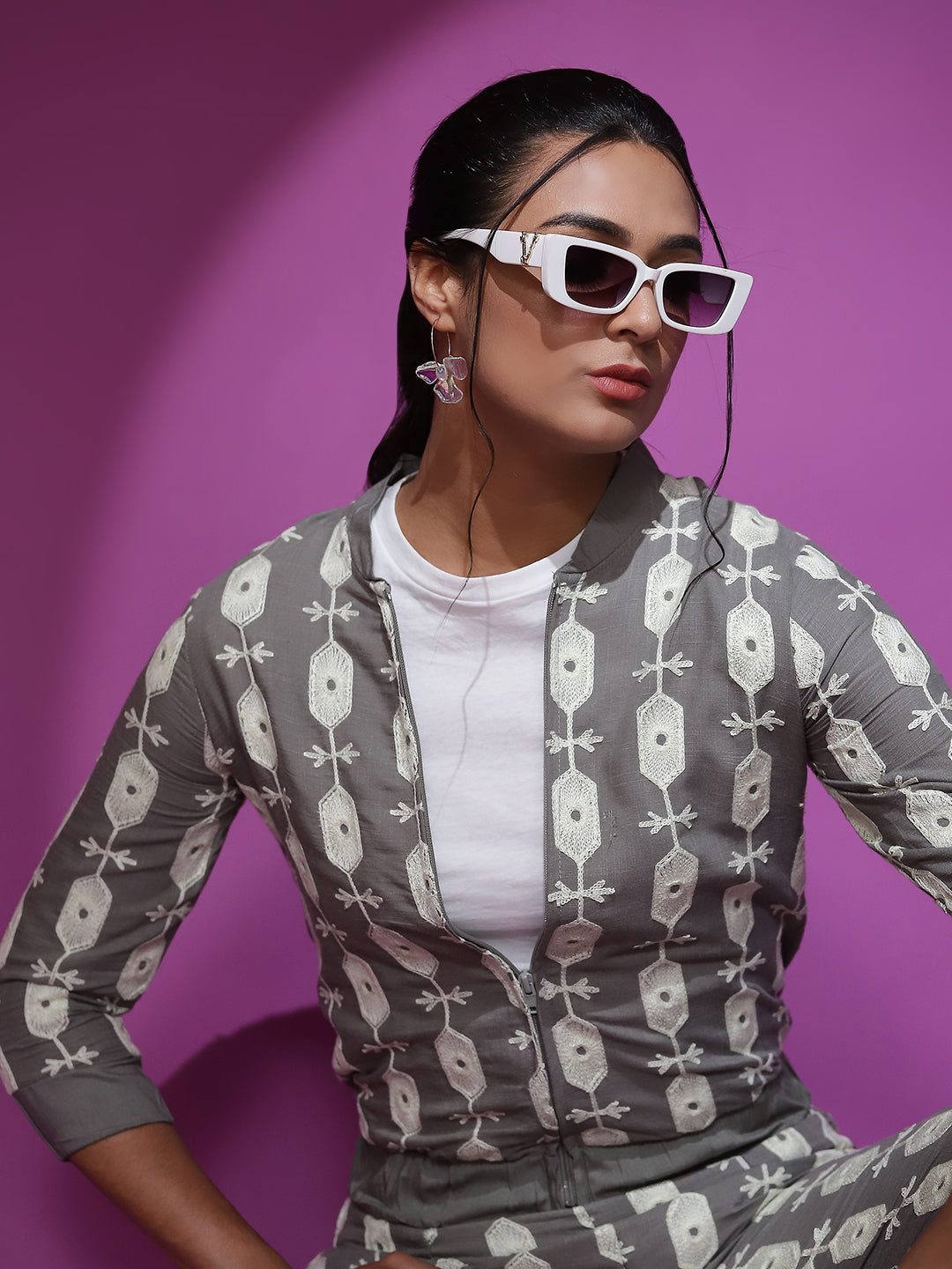 Grey Embroidered Jacket With Afgani Pant Co Ord Set - Elganza