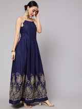 Navy Blue Embroidered Maxi Dress - Elganza