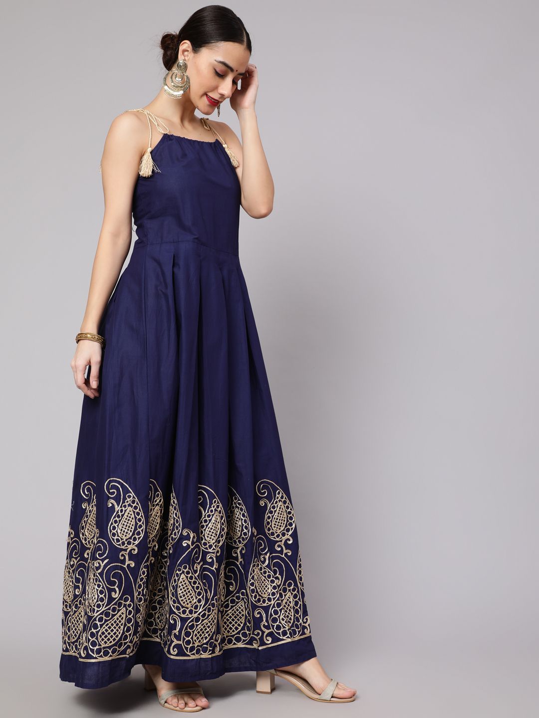 Navy Blue Embroidered Maxi Dress - Elganza