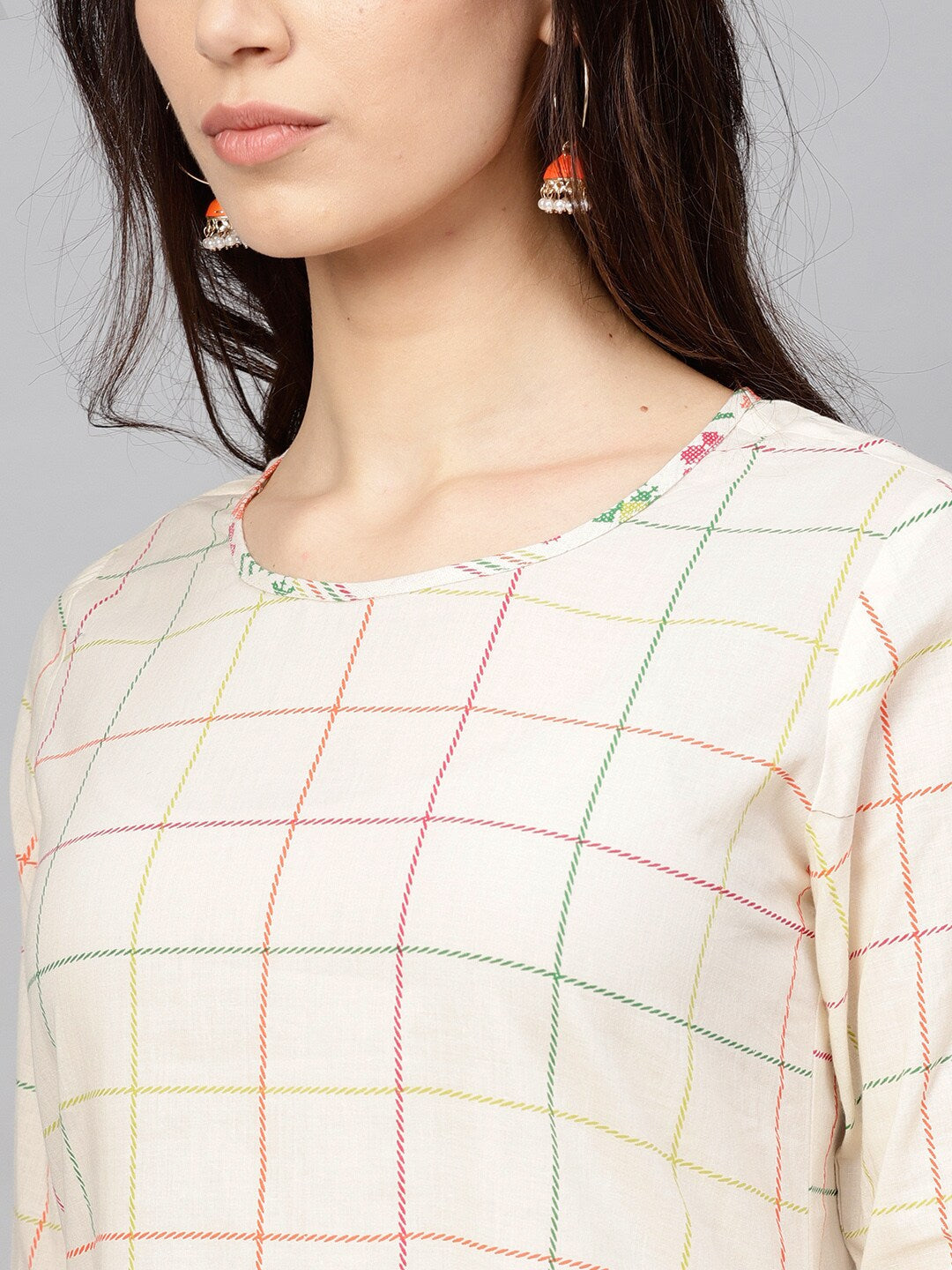 White Checked A-Line Kurta With Ruffle Sleeve - Elganza