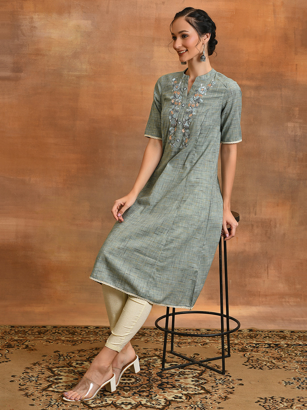 Blue Embroidered A-line Kurta - Elganza