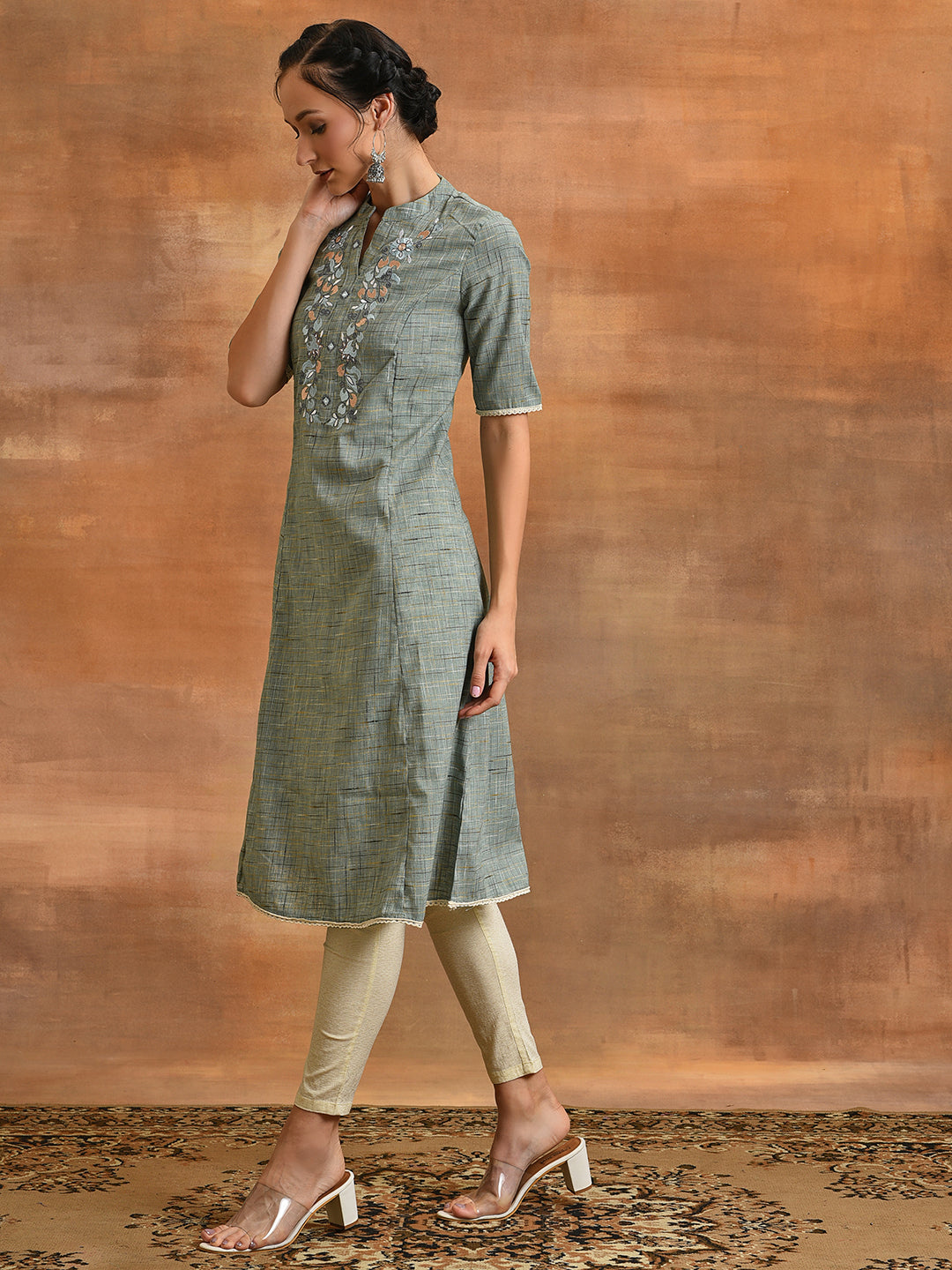 Blue Embroidered A-line Kurta - Elganza