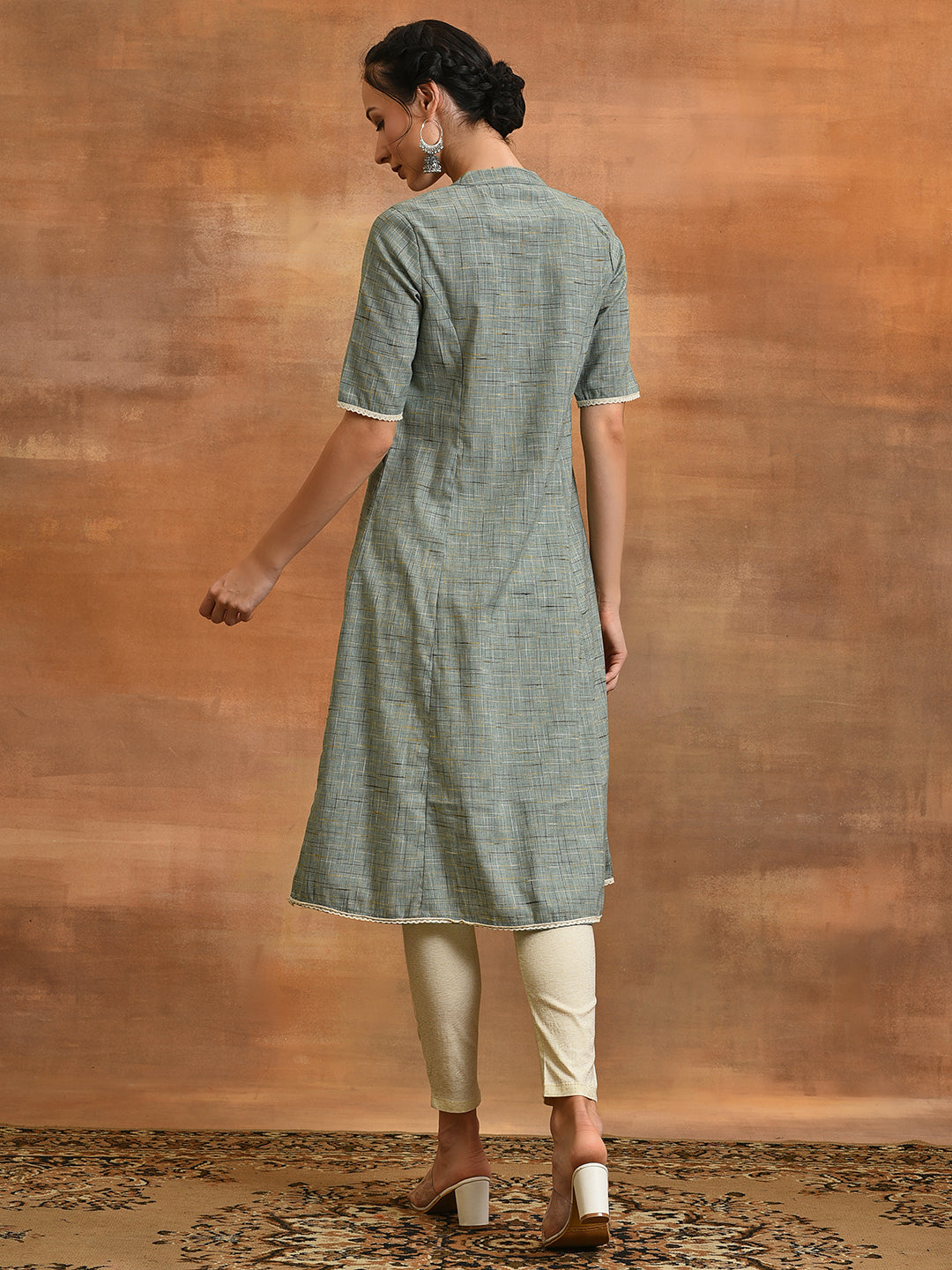 Blue Embroidered A-line Kurta - Elganza