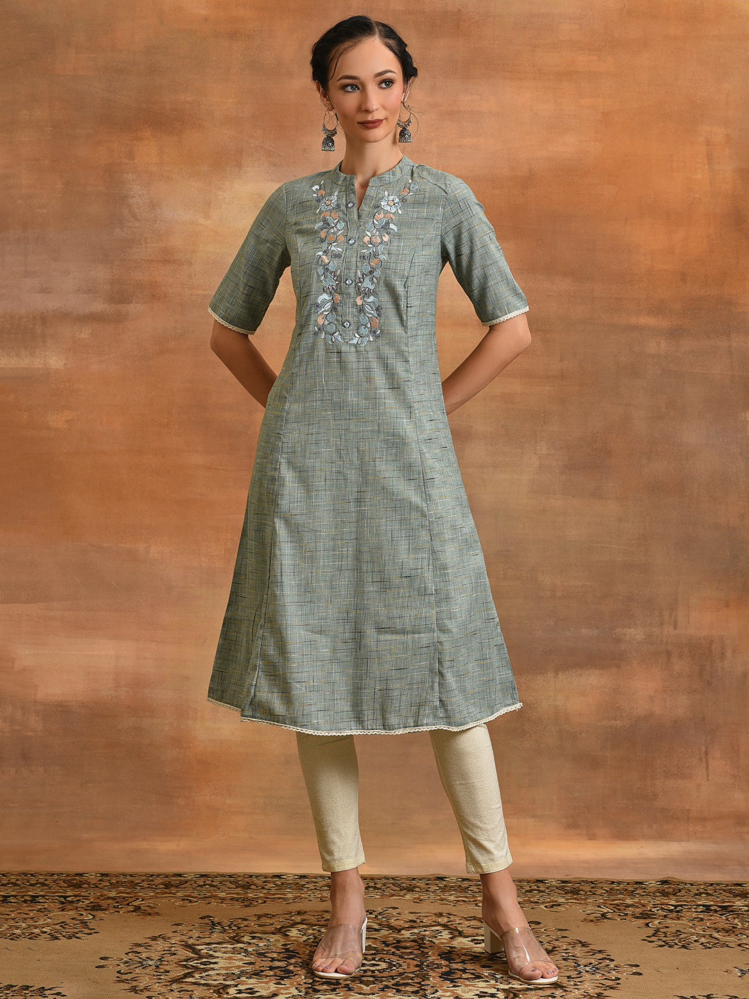 Blue Embroidered A-line Kurta - Elganza