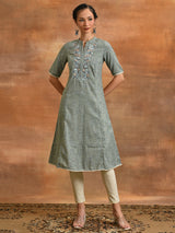 Blue Embroidered A-line Kurta - Elganza