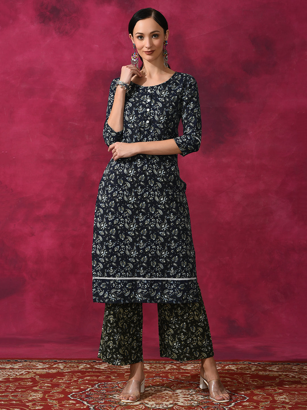 Navy Blue Kantha Work Couple Combo Set - Elganza