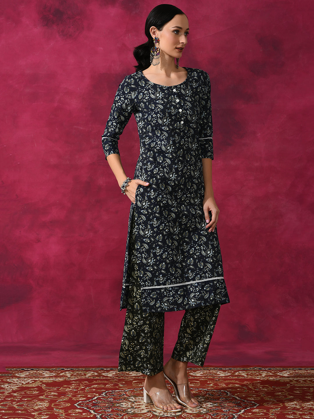 Navy Blue Kantha Work Couple Combo Set - Elganza