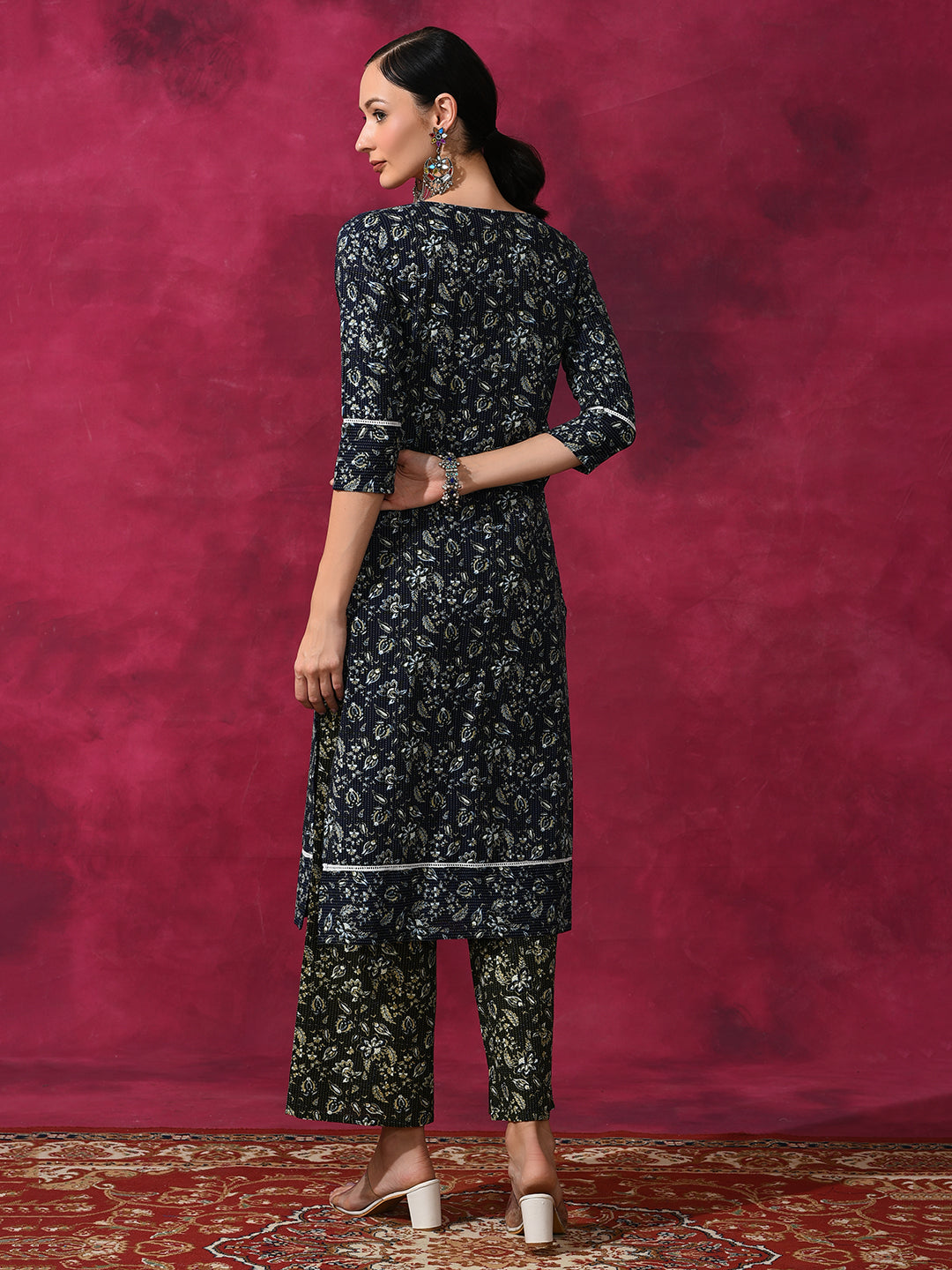 Navy Blue Kantha Work Couple Combo Set - Elganza