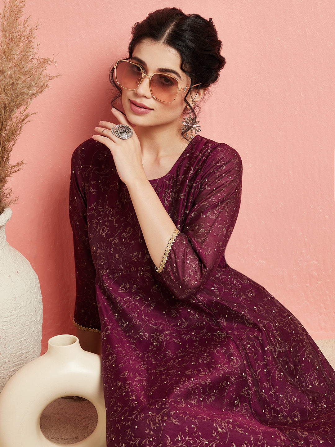 Purple Chanderi Gold Printed Flared Maxi - Elganza