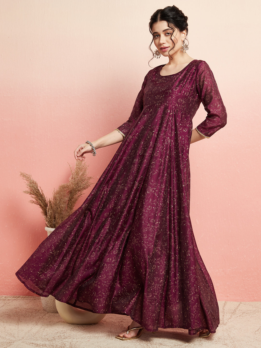 Purple Chanderi Gold Printed Flared Maxi - Elganza