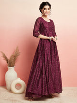 Purple Chanderi Gold Printed Flared Maxi - Elganza